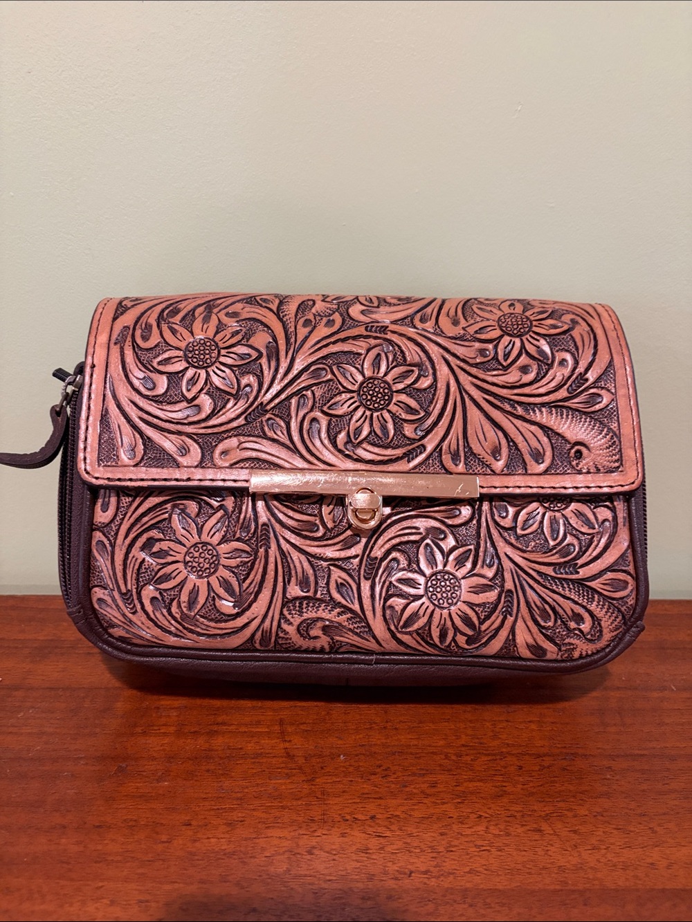 Tooled Floral Leather Crossbody Bag - Brown